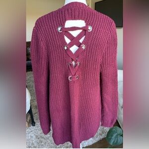 Almost Famous MEDIUM Burgundy Knit Cardigan Sweater With Back Lace Up Detail